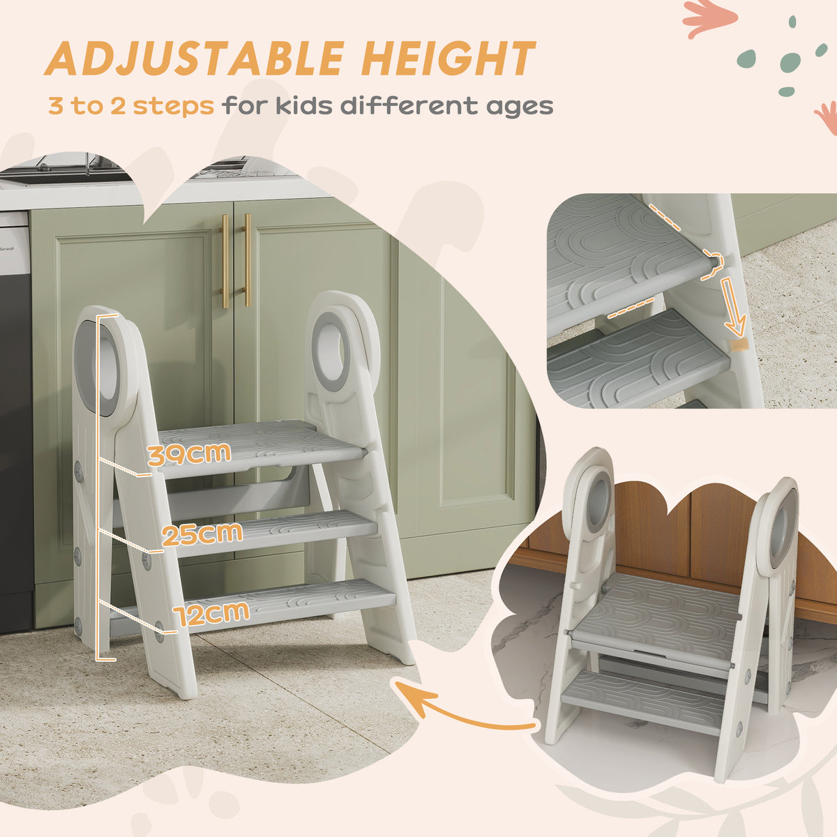 AIYAPLAY Foldable and Adjustable Kids Step Stool with Handle, Non-Slip, Grey