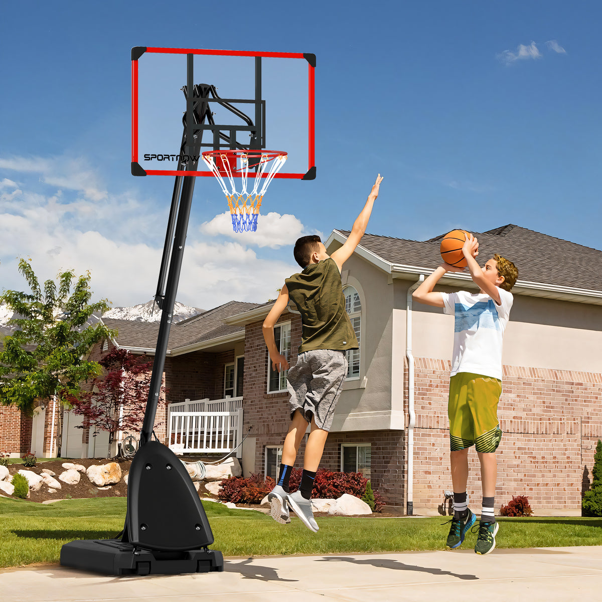 SPORTNOW 2.4-2.9m Adjustable Basketball Hoop and Stand with Weighted Base, Portable on Wheels, Red