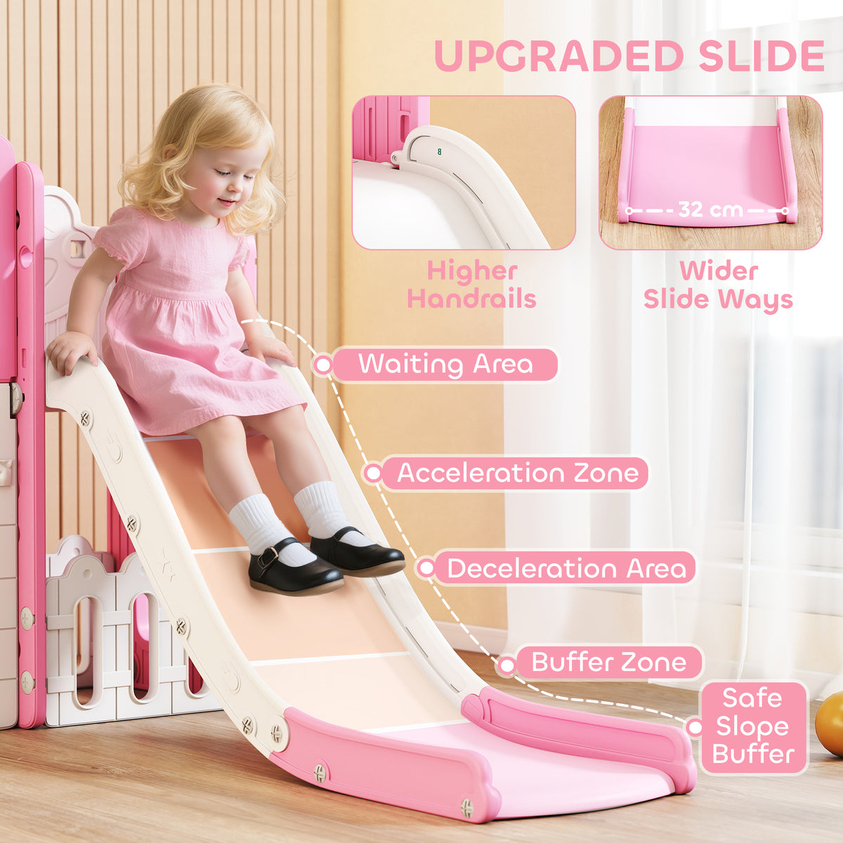 AIYAPLAY 7 in 1 Toddler Slide Set with Basketball Hoop, Climbing Frame, Telescope, Drawing Board, Storage Box, Pink