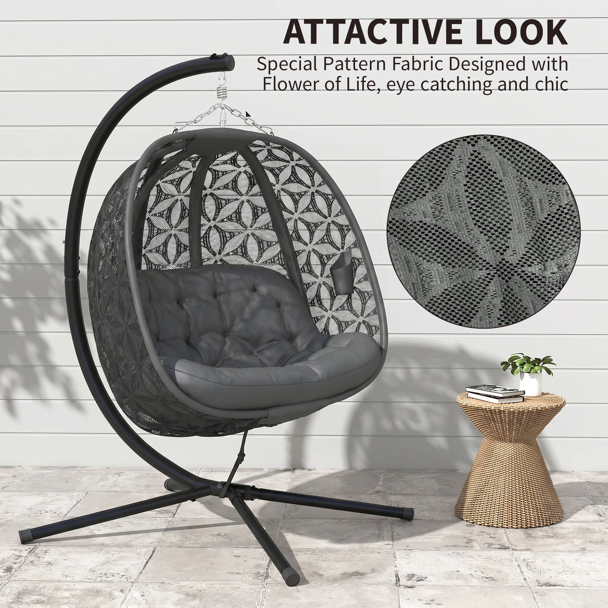 Outsunny Outdoor Double Hanging Chair with Cushion and Cup Holders, Charcoal Grey