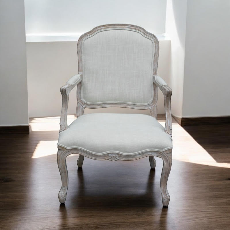 Louis French Country Style Dining Chair – Washed Oak Frame with Cream Linen Upholstery, Elegant High Back Design, Fully Assembled Comfortable Seating for Dining Room, Bedroom, or Décor (Cream)