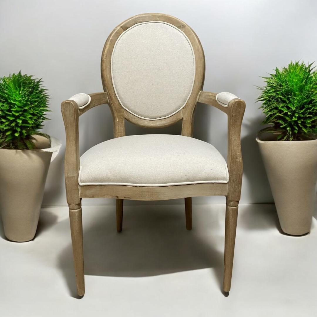 Elegant and Comfortable 94CM Louis Style Cream Linen Armchair - Oak/Grey Frame French Style Dining Chair with High Back Design for Modern Home Décor or Dining Spaces (Oak Frame Cream Linen)