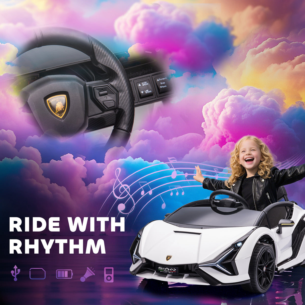 HOMCOM Lamborghini Sian Licensed Electric Car for Kids, 12V Kids Electric Ride on Car with Dual Motors, Remote Control, White