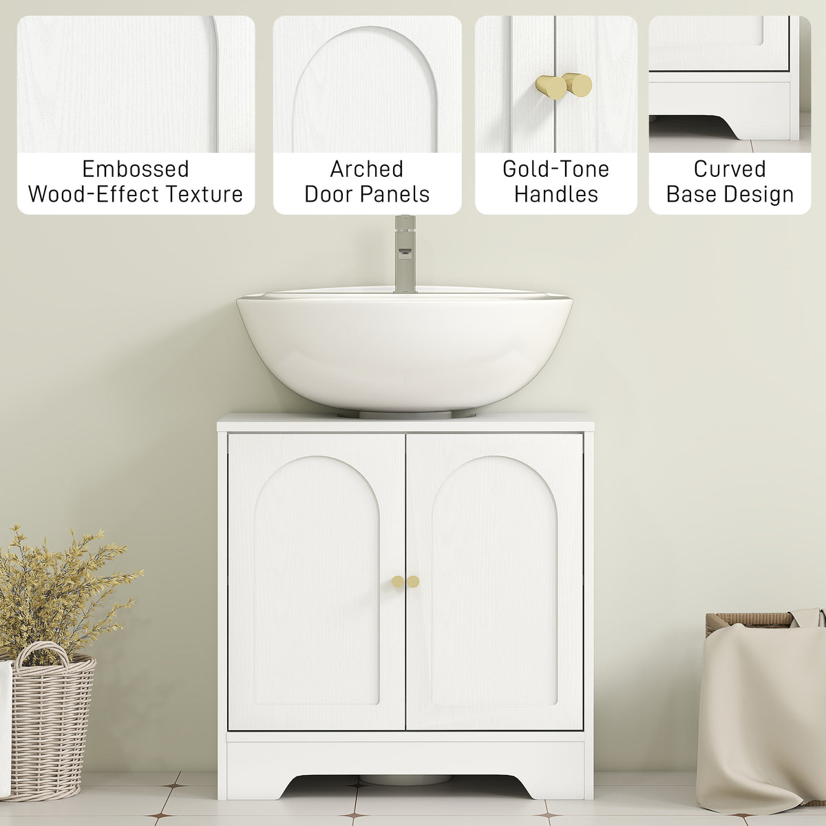 HOMCOM Under Sink Bathroom Cabinet with 2 Arch Doors - White