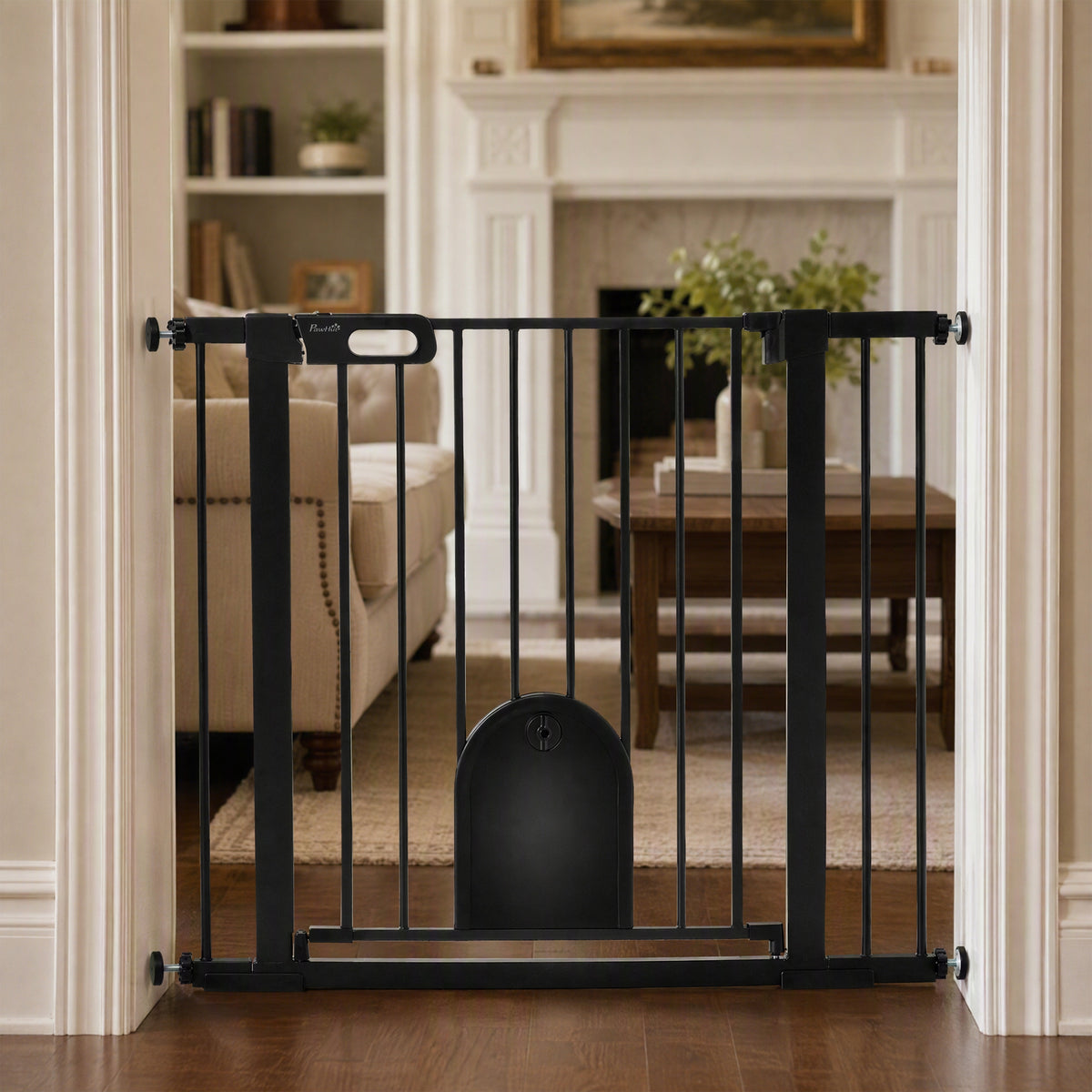 PawHut Dog Gate with Cat Flap Pet Safety Gate Barrier, Stair Pressure Fit, Auto Close, Double Locking, for Doorways, Hallways, 75-103 cm Black