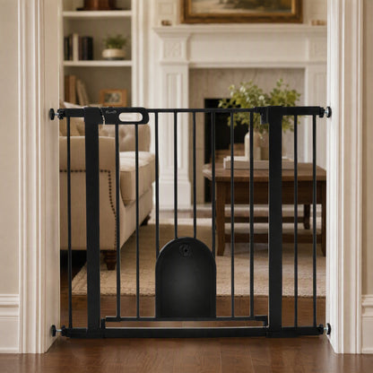PawHut Dog Gate with Cat Flap Pet Safety Gate Barrier, Stair Pressure Fit, Auto Close, Double Locking, for Doorways, Hallways, 75-103 cm Black