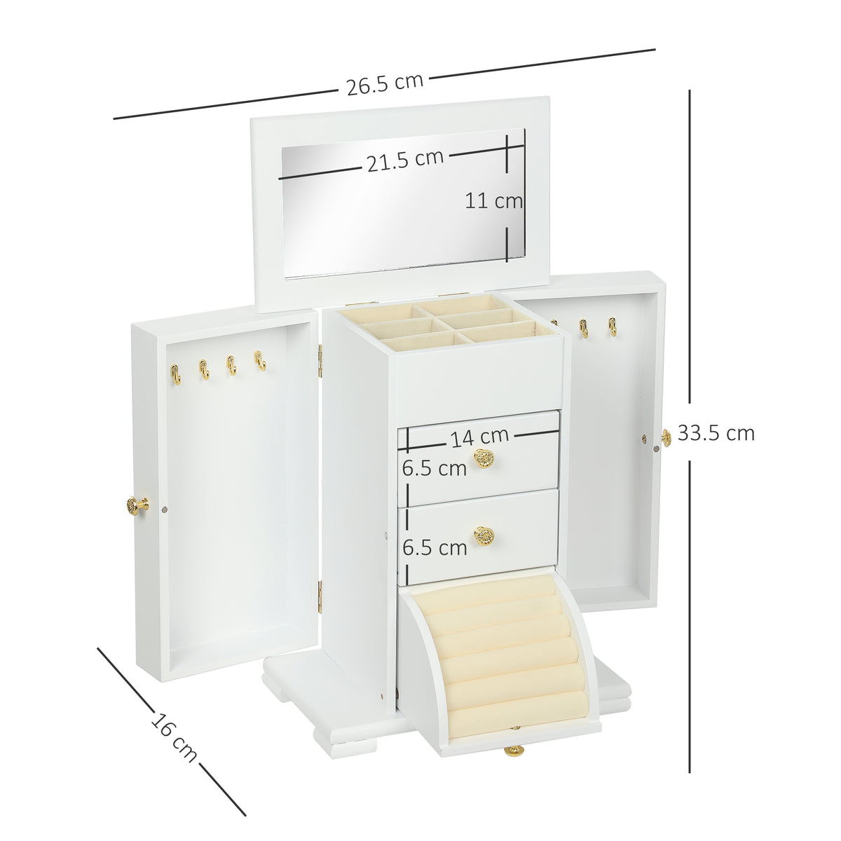 HOMCOM 4-Tier Jewellery Box with Mirror and 3 Drawers - White