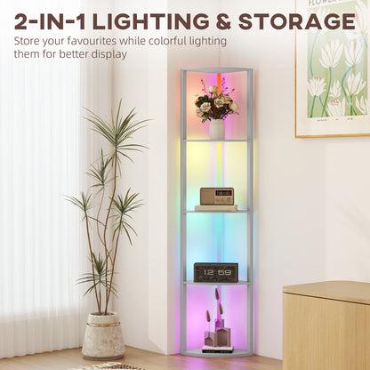HOMCOM RGB LED Floor Lamp with Shelves, 4-Tier Dimmable Standing Lamp with Adjustable Brightness and Remote Control, Modern Corner Display Shelf Unit for Living Room Bedroom Office, Grey