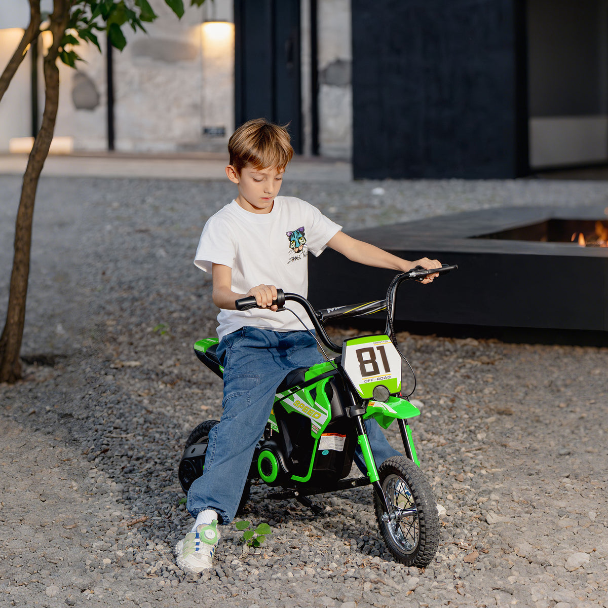 AIYAPLAY Kids Electric Motorbike, 24V Ride On Motorcycle with 3 Speeds and Rear Suspension, Dirt Bike for 8-12 Years Old, Green
