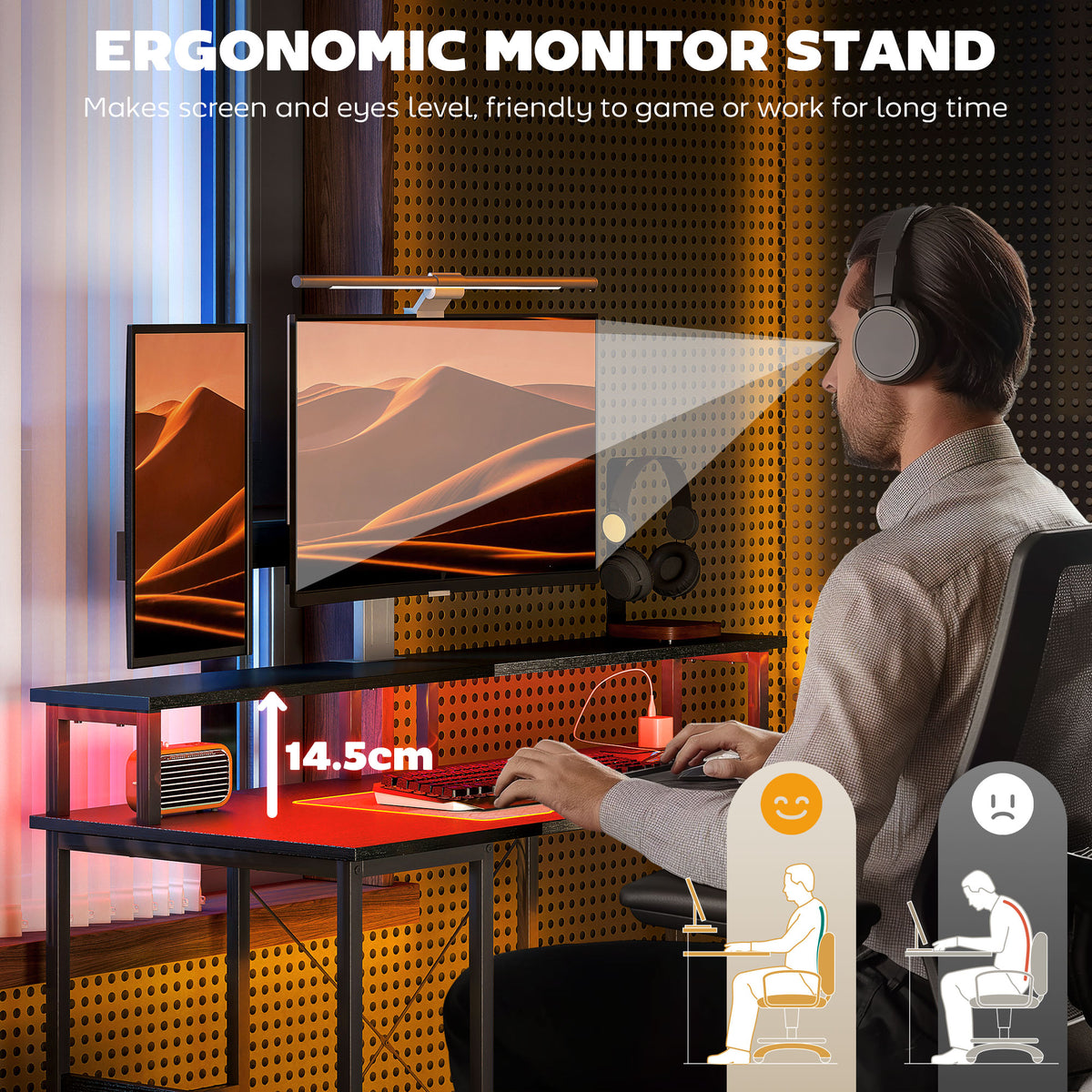 HOMCOM LED Computer Desk, with Power Outlets and Shelves - Black