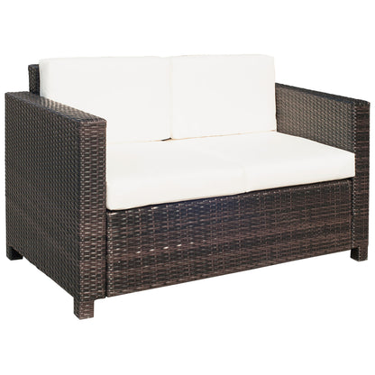 Outsunny Rattan Sofa, 2 Seater Garden Furniture with Soft Padded Cushion and Armrests, Wicker Garden Loveseat for Patio, Mixed Brown