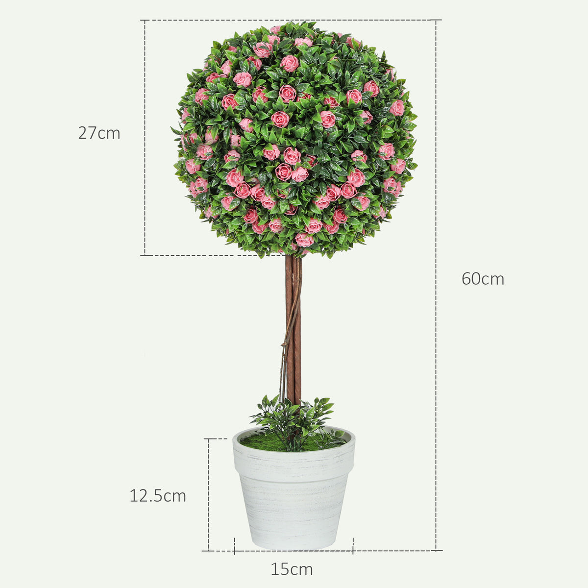 HOMCOM Set of 2 Decorative Artificial Plants, Ball Topiary Tree with Rose Flower in Pot, Fake Plants for Home Indoor Outdoor Decor, 60cm, Pink