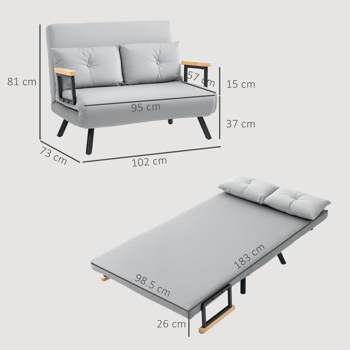 HOMCOM 4-in-1 Velvet-Feel Double Sofa Bed, with Pillows - Light Grey