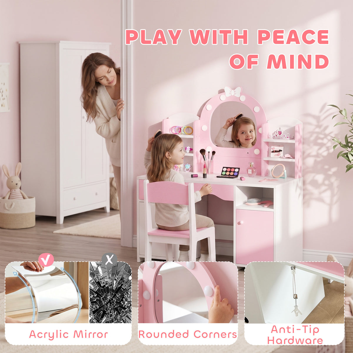 AIYAPLAY Kids Vanity Set, Kids Dressing Table with Stool, 2-Colour Lights Mirror, Cabinet, Drawer and Shelves, Pink