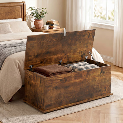 HOMCOM Storage Chest, Large 114L Blanket Box, Shoe Bench with Safety Hinged Lid, Storage Trunk, Bed End Bench for Bedroom, Hallway, Living room, Playroom, 100 x 40 x 40cm, Rustic Brown