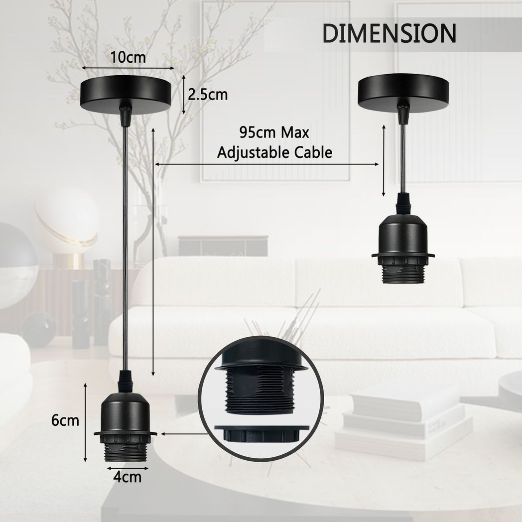 Industrial Grey Pendant Light Fitting, Lampshade Addable E27 Lamp Holder UK Holder Fitting Set With PVC Cable.