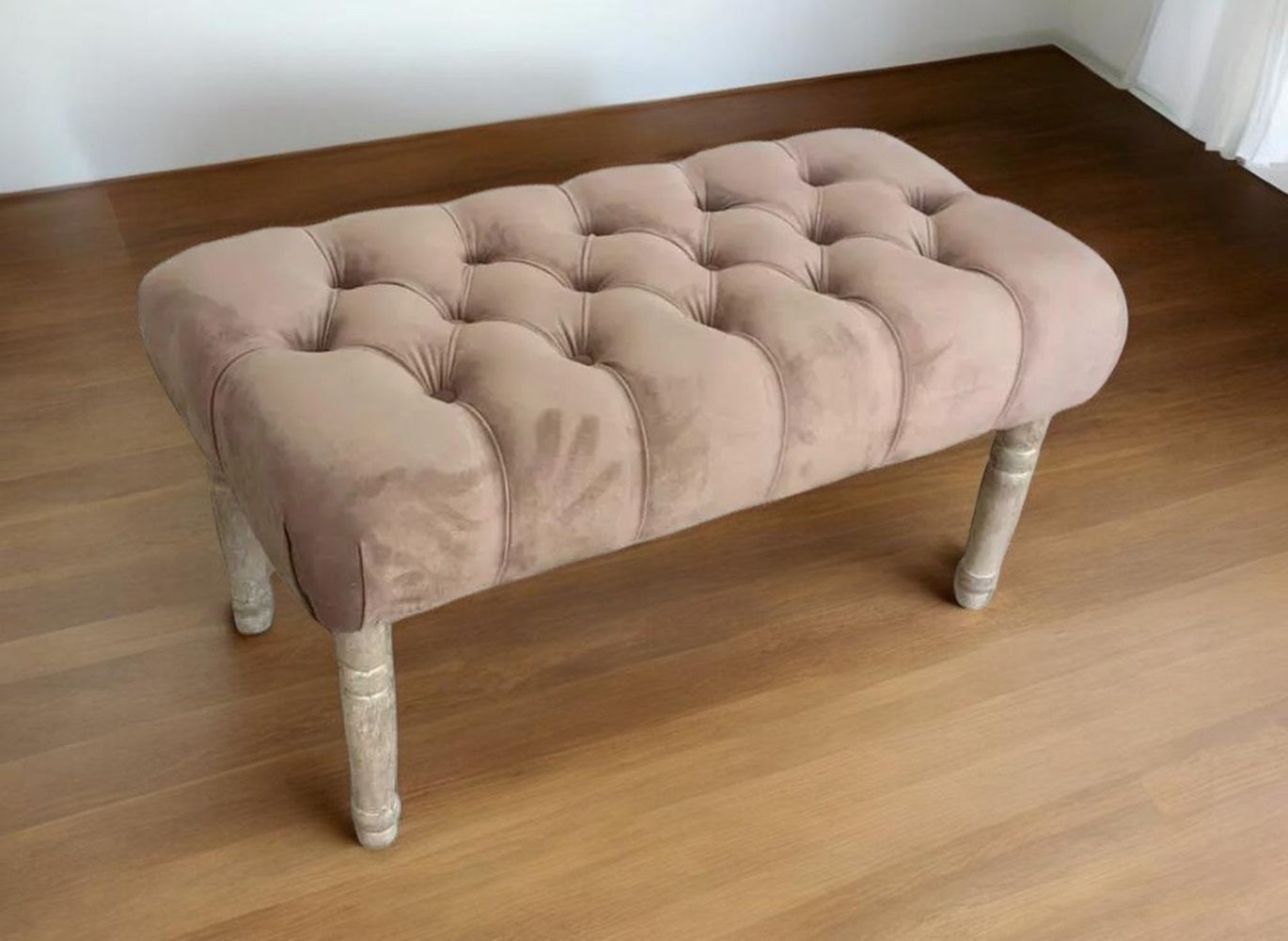 AcaciaHome Modern Cream Window Seat Bench with Storage - 45cm Padded Seat High Upholstered Fabric Ottoman Bench with Solid Wood Legs, Bed End Footstool for Bedroom, Living Room & Hallway