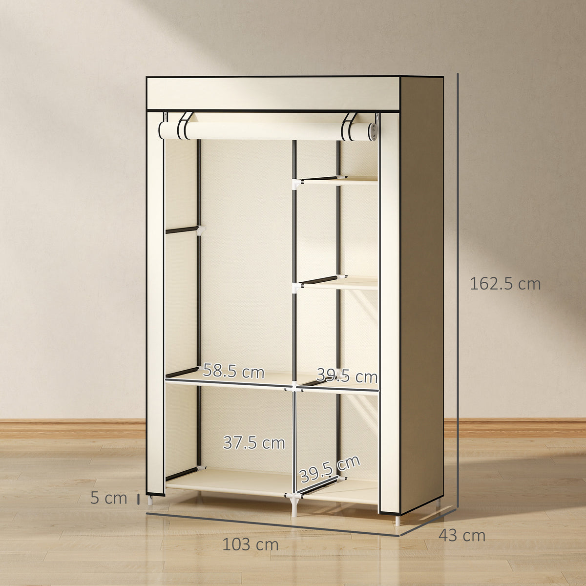 HOMCOM Fabric Wardrobe w/ Shelves Hanging Rail Foldable Wardrobe Cream