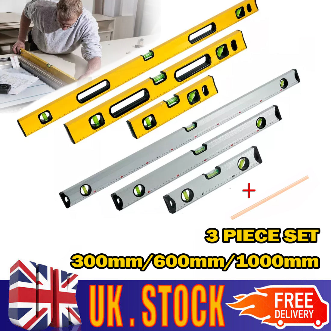 MAGNETIC 3 PIECE BUILDERS BUILDING SPIRIT LEVEL SET - 300, 600, 1000mm Yellow/Silver-Yellow + Pencil
