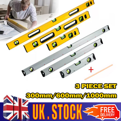 MAGNETIC 3 PIECE BUILDERS BUILDING SPIRIT LEVEL SET - 300, 600, 1000mm Yellow/Silver-Yellow + Pencil