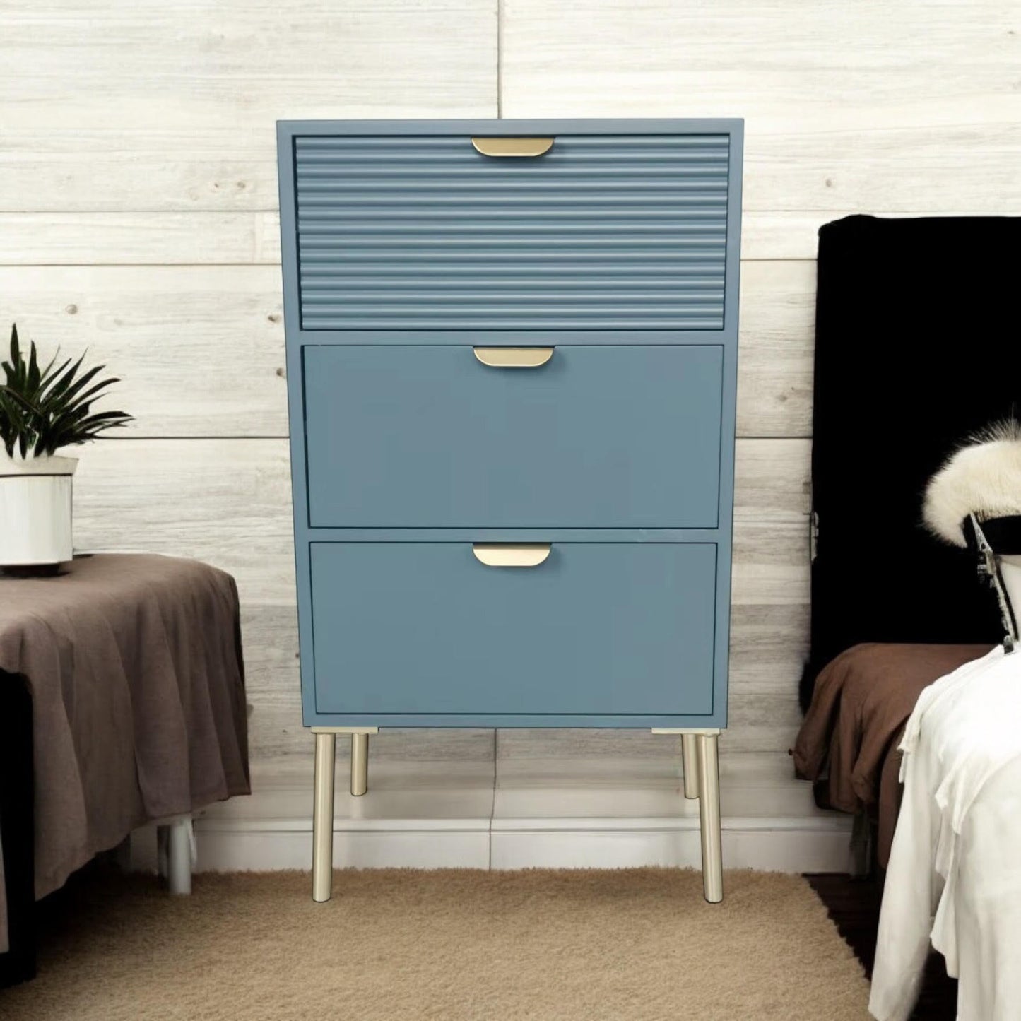 AcaciaHome Durable and Functional Wooden 3 Drawer Chest – Compact Storage Solution with 3-drawer chest, pine top, metal handles, and ample storage in a sleek for modern bedrooms (Blue)