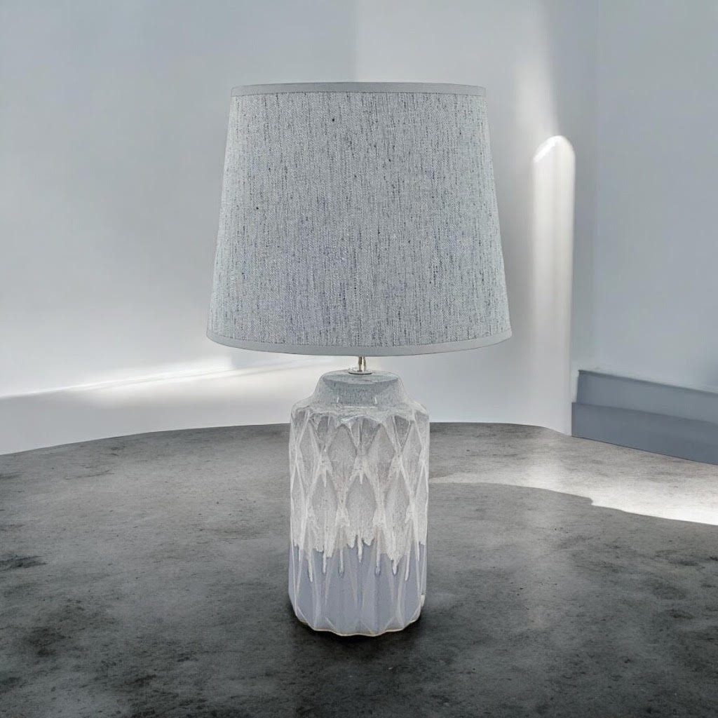 AcaciaHome Modern and Classic Cute Grey Two-Tone Ceramic Table Lamp with White Drum Shade - Perfect Stylish and Functional Hall Light for Living Room. Bedroom, and Office Decor (43CM)