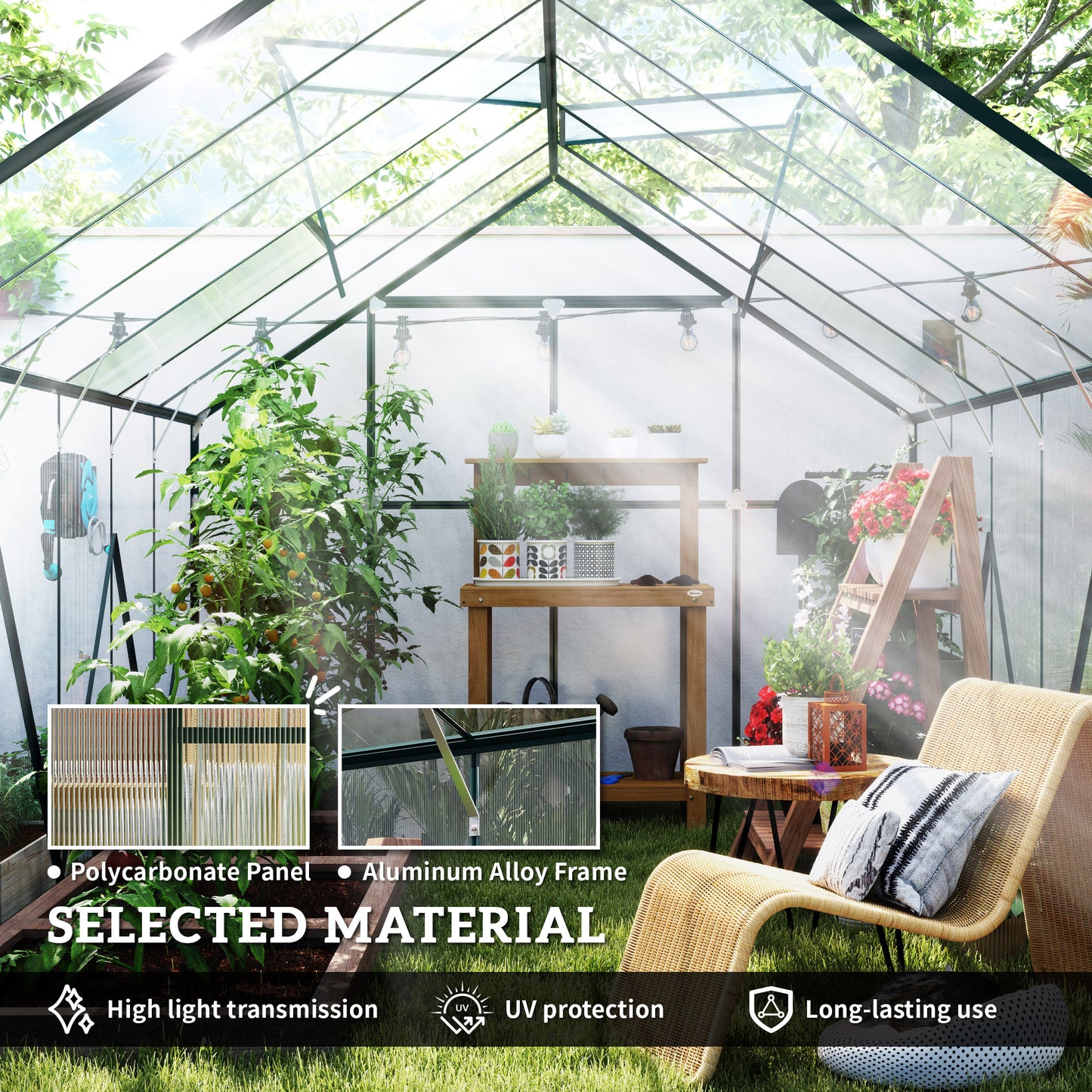 8x12ft Polycarbonate Walk-in Greenhouse Outdoor Double Sliding Door Outsunny