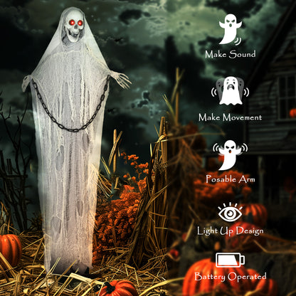 Outsunny 183 cm Life Size Halloween Animated Skeleton Grim Reaper with Glowing LED Eyes, Scary Halloween Decorations, Battery Operated, Indoor Party Props