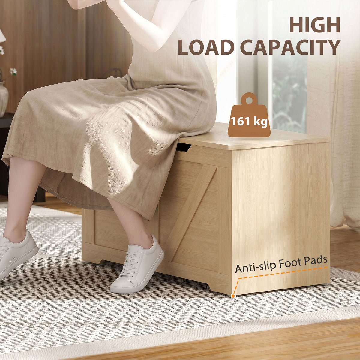 HOMCOM 100L Home Storage Box, with Safety Hinge - Nature Wood Finish