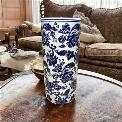 AcaciaHome Durable Ceramic Round Umbrella stand–Perfect Holder for Home, Office, & Entryway - Adds a Sophisticated Touch to Living Spaces for Canes, & Walking Sticks (Round Blue & White)