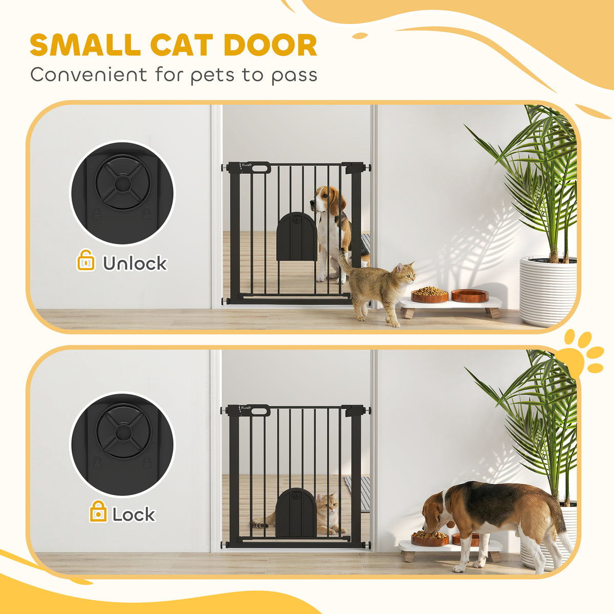 PawHut Dog Gate with Cat Flap Pet Safety Gate Barrier, Stair Pressure Fit, Auto Close, Double Locking, 75-82 cm Black