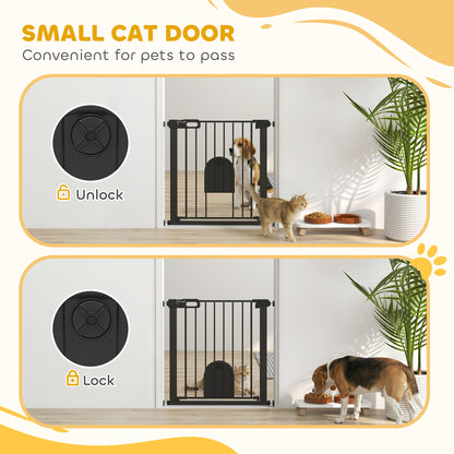 PawHut Dog Gate with Cat Flap Pet Safety Gate Barrier, Stair Pressure Fit, Auto Close, Double Locking, 75-82 cm Black