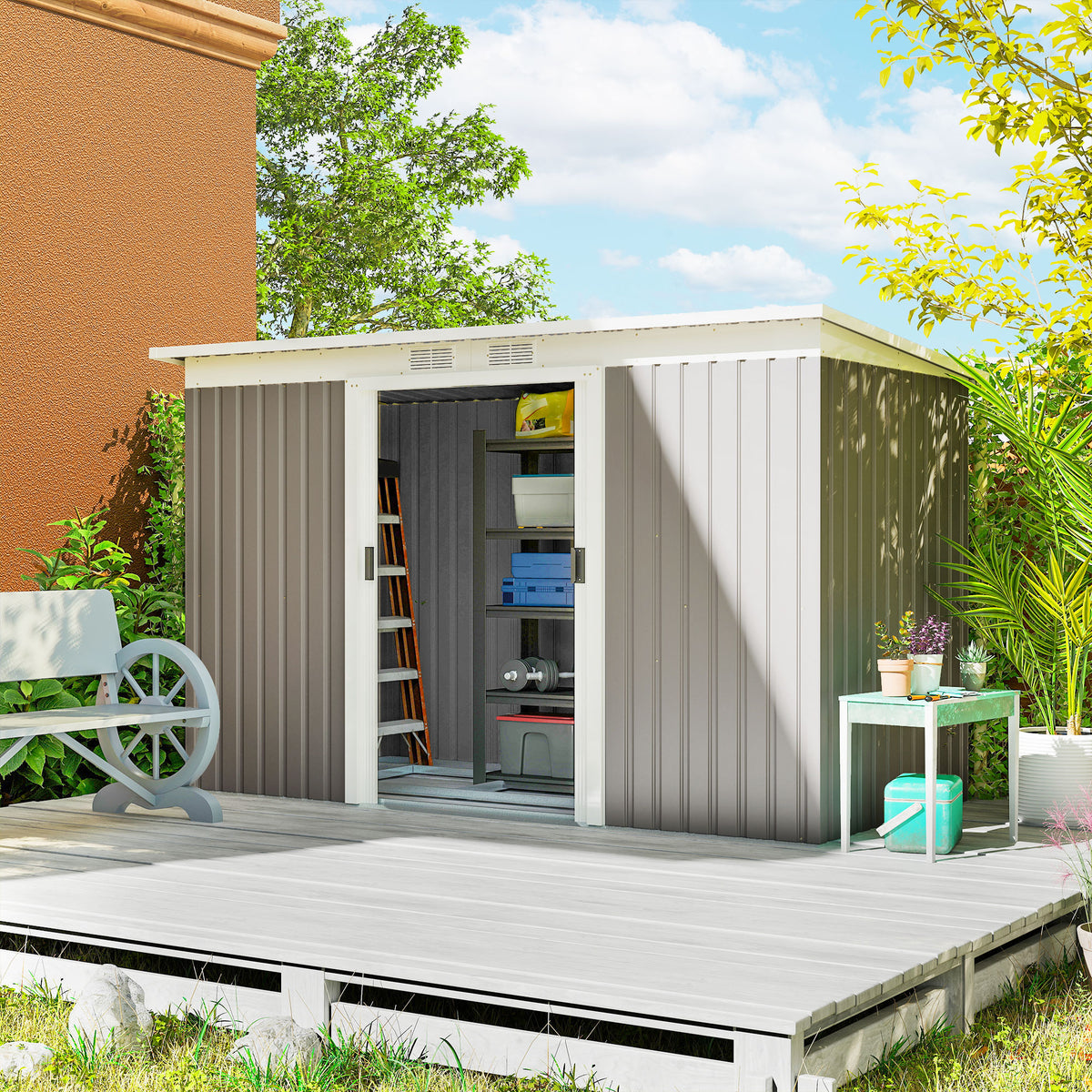 Outsunny Corrugated Garden Metal Storage Shed Outdoor Equipment Tool Box with Kit Ventilation Doors 9x 4FT Light Grey