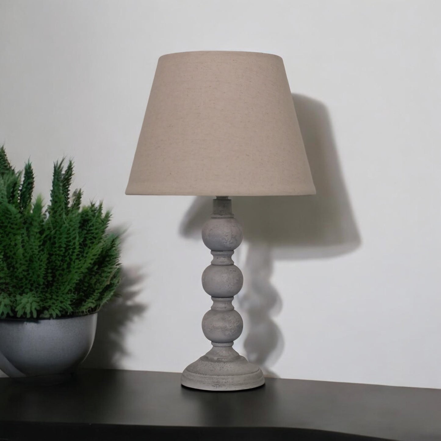 AcaciaHome Modern Tall Wooden Washed Table Lamp - Traditional Shabby Chic Design with Taupe Linen Shade, Wood Effect Finish for Living Rooms, Bedrooms, or Hallways Decor (31cm Grey with Cream Shade)