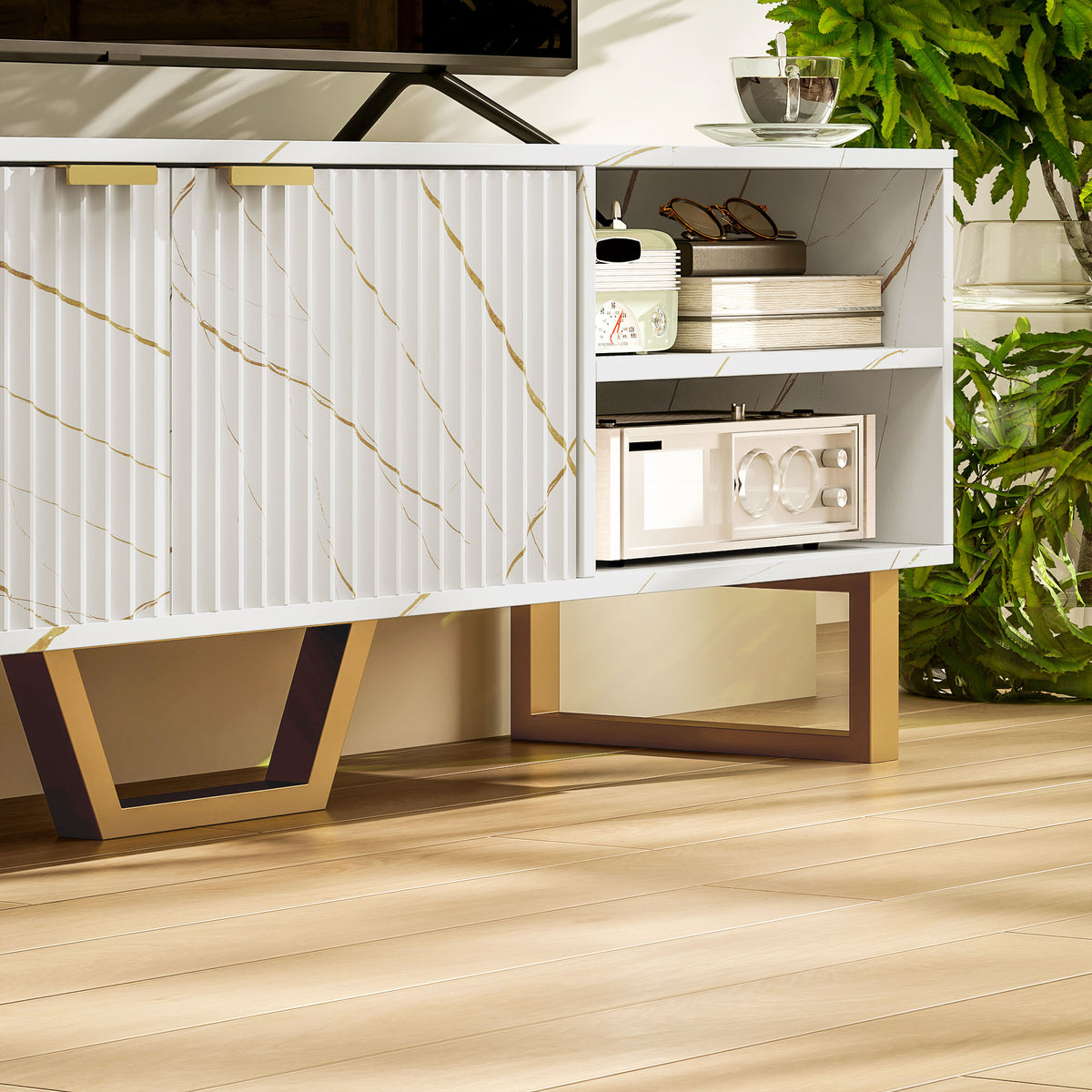 HOMCOM Marble Effect TV Unit, Modern TV Stand Cabinet for up to 70" TVs, with Shelves and Storage Cupboard, Fluted Door, Extra Centre Leg, Cable Management for Living Room, White