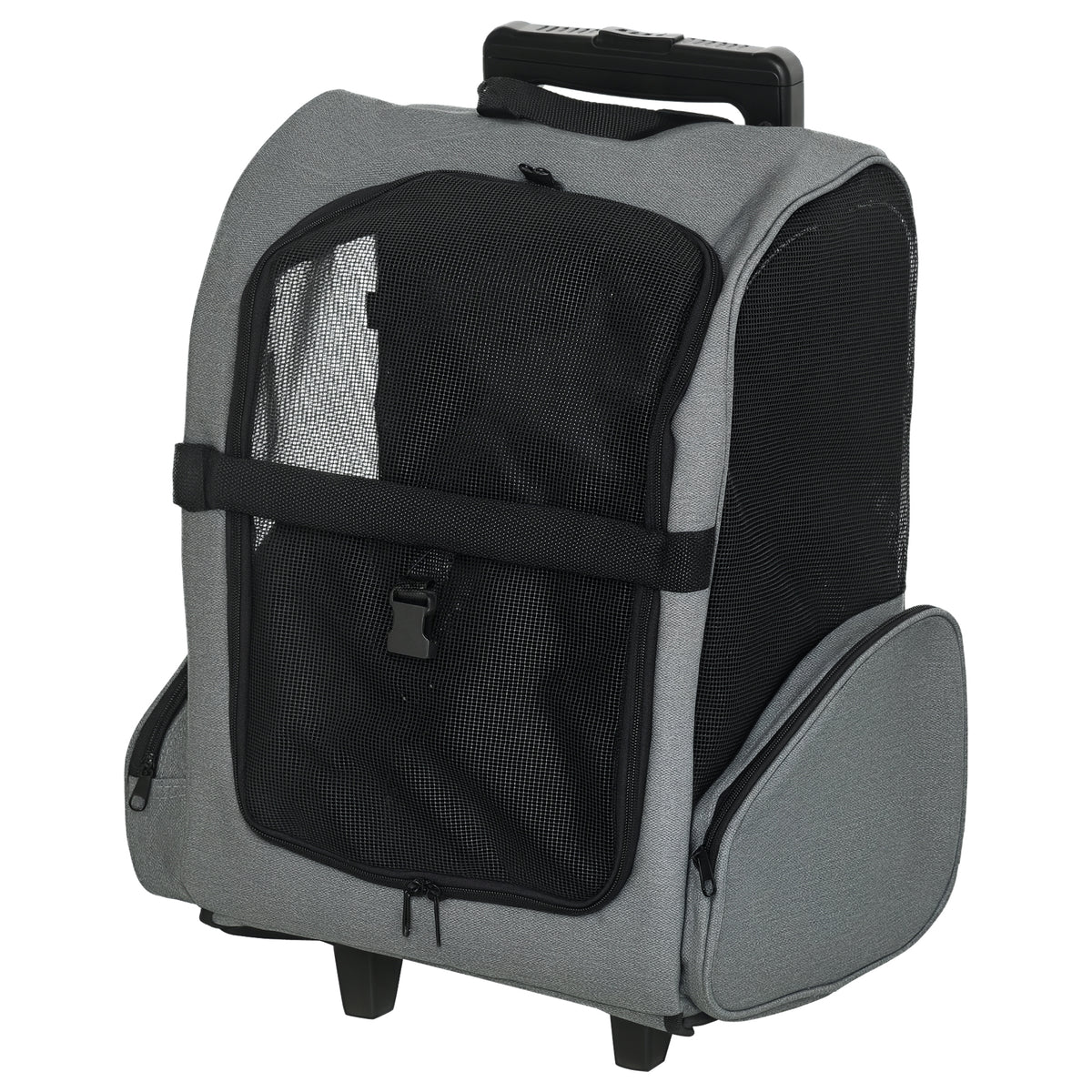 PawHut 2 in 1 Dog Backpack and Trolley, Pet Travel Backpack Cat Dog Carrier with Telescopic Handle, Portable Pet Stroller Wheel Luggage Bag (Grey)