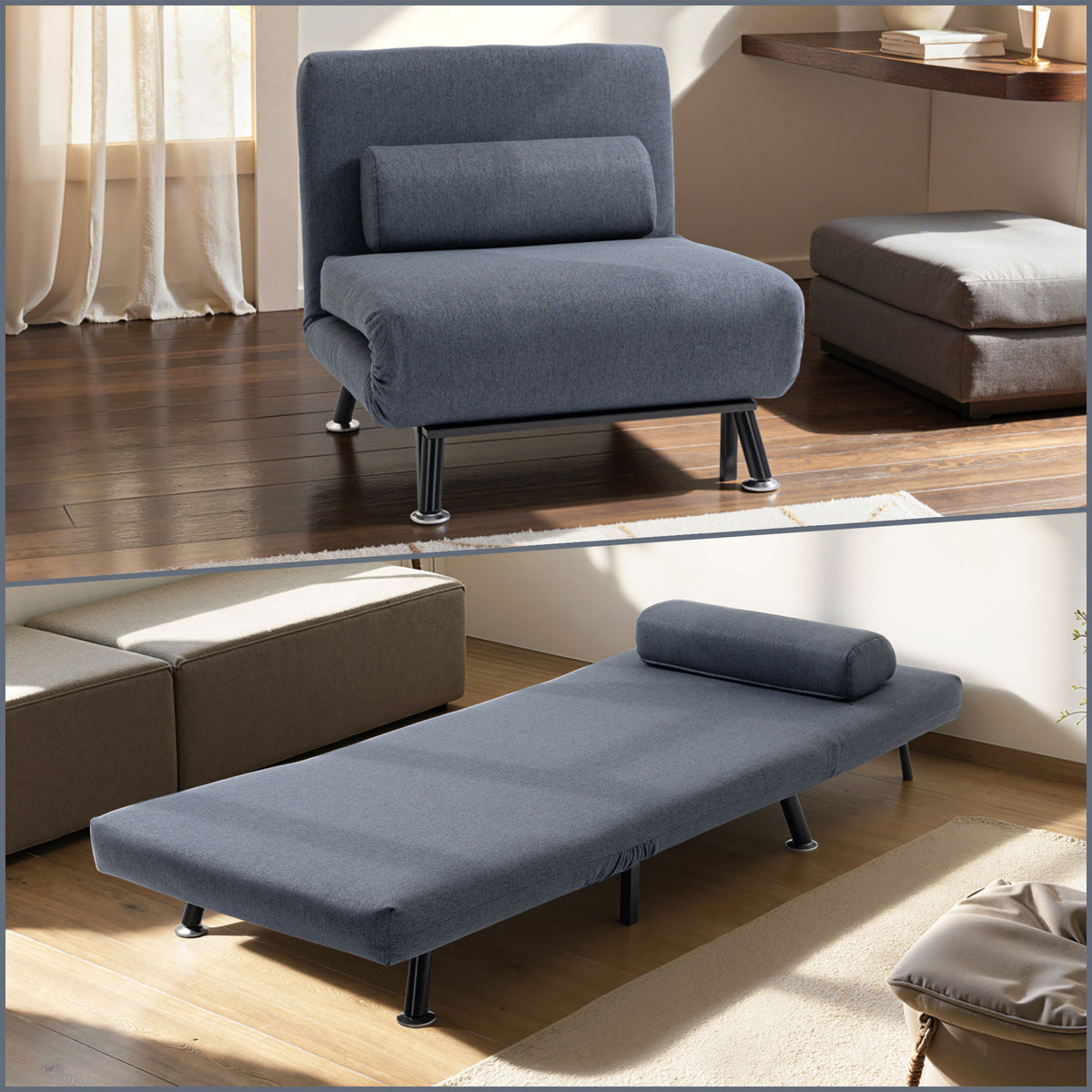 HOMCOM Single Sofa Chair Bed, Linen Fabric 3-in-1 Convertible Sleeper Chair with 5-Position Adjustable Backrest, 75cm Wide Seat, Pillow for Living Room, Bedroom, Black