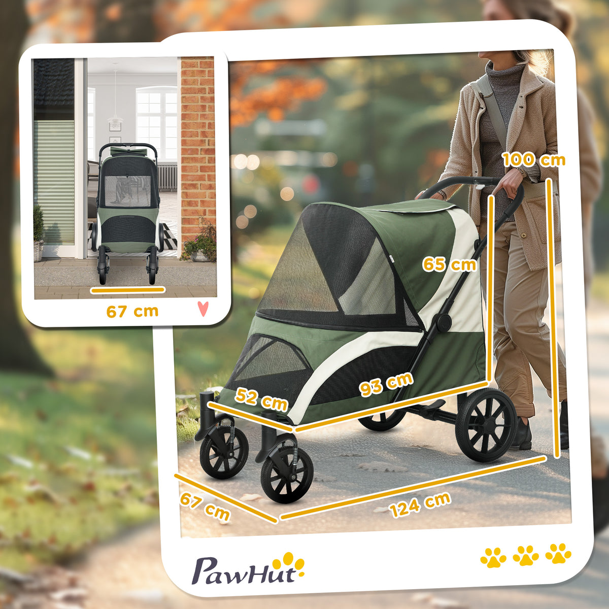 PawHut Foldable Pet Stroller for Medium Dogs with Four Big Wheels, Shock-Absorbing Frame, Safety Leashes, Brakes, Dark Green