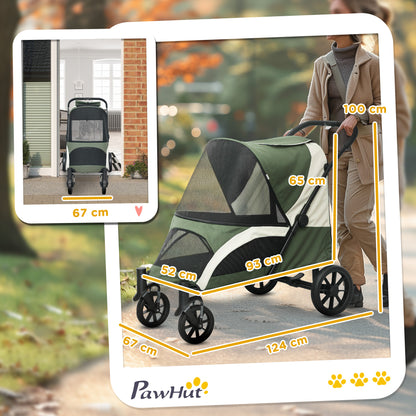 PawHut Foldable Pet Stroller for Medium Dogs with Four Big Wheels, Shock-Absorbing Frame, Safety Leashes, Brakes, Dark Green