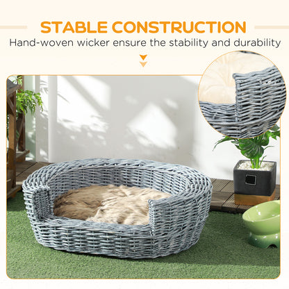 PawHut Wicker Pet Bed Willow Dog Cat Sofa Puppy Basket with Cushion Grey 57L x 46W x 17.5H cm