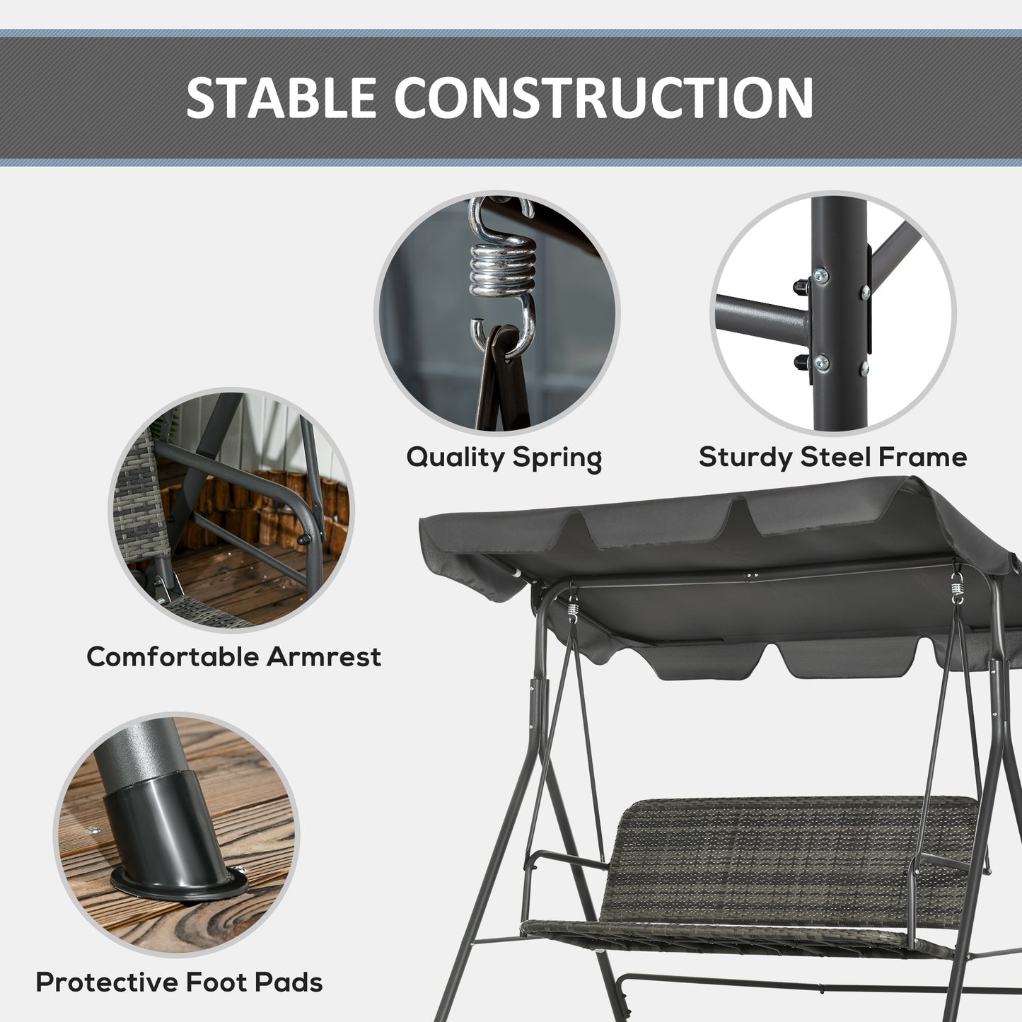 Outsunny 3-Seater Outdoor PE Rattan Swing Chair, Patio Wicker Hanging Swing Bench with Steel Frame Stand & Adjustable Canopy