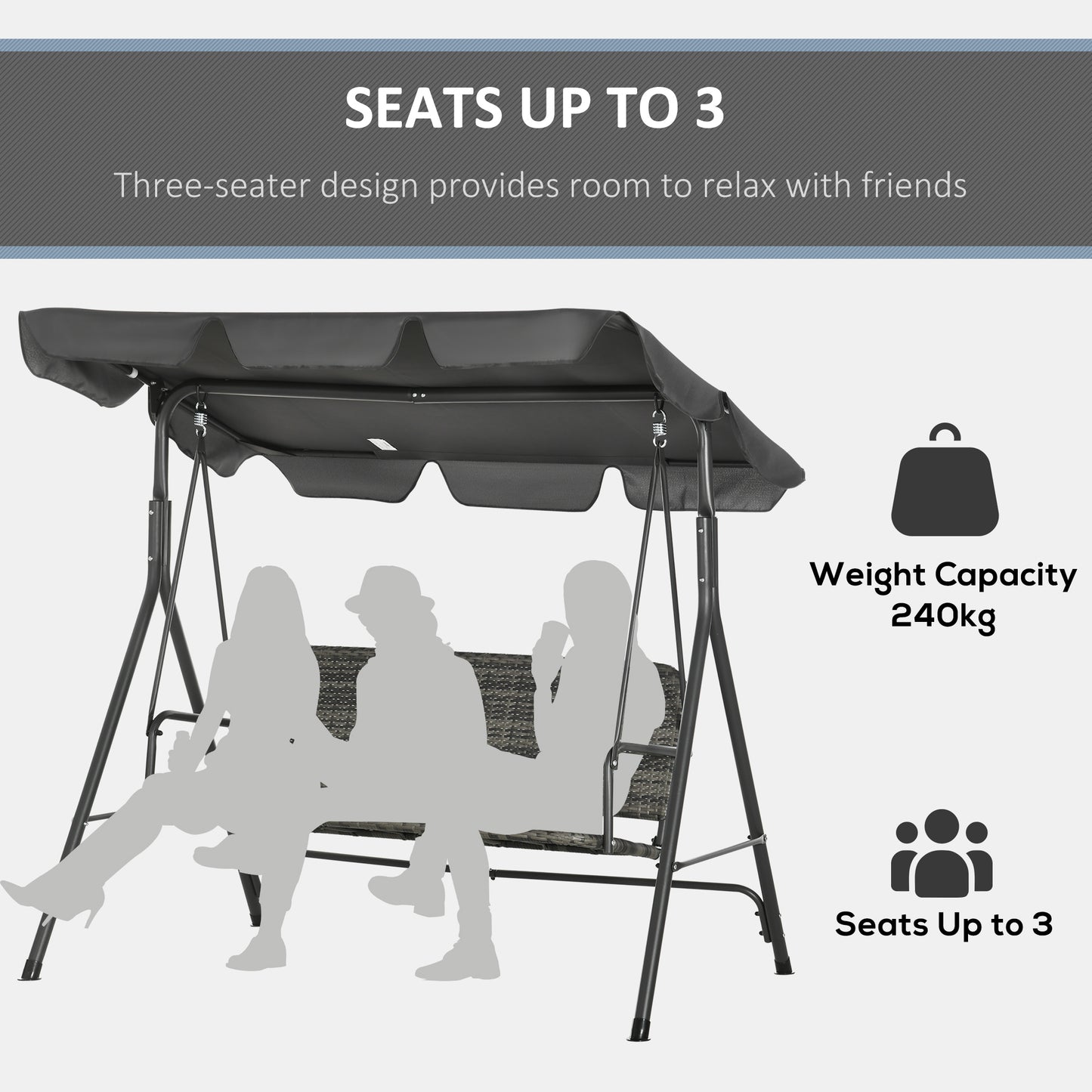 Outsunny 3-Seater Outdoor PE Rattan Swing Chair, Patio Wicker Hanging Swing Bench with Steel Frame Stand & Adjustable Canopy