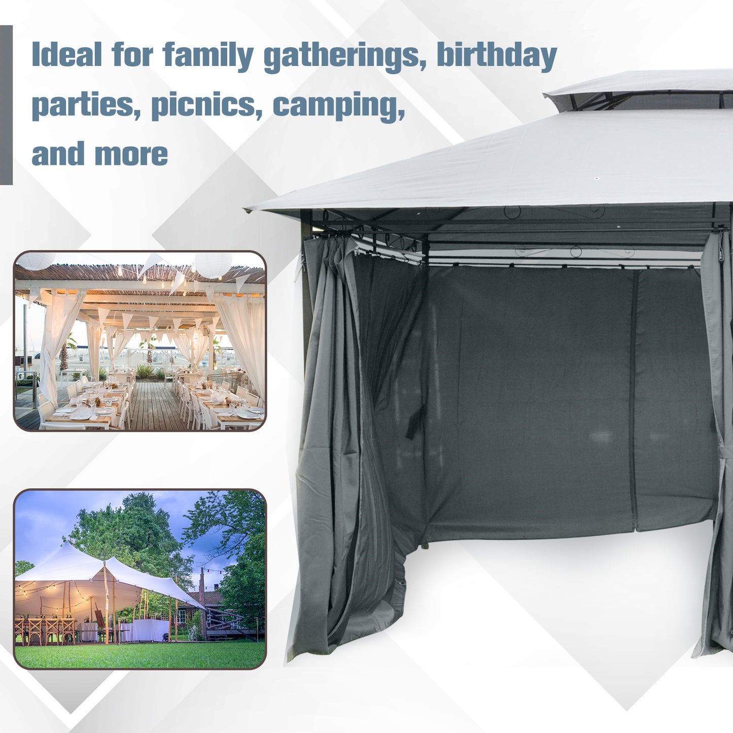 Outsunny 4m x 3(m)Garden Gazebo, Double Roof Outdoor Gazebo Canopy Shelter with Curtains, Solid Steel Frame