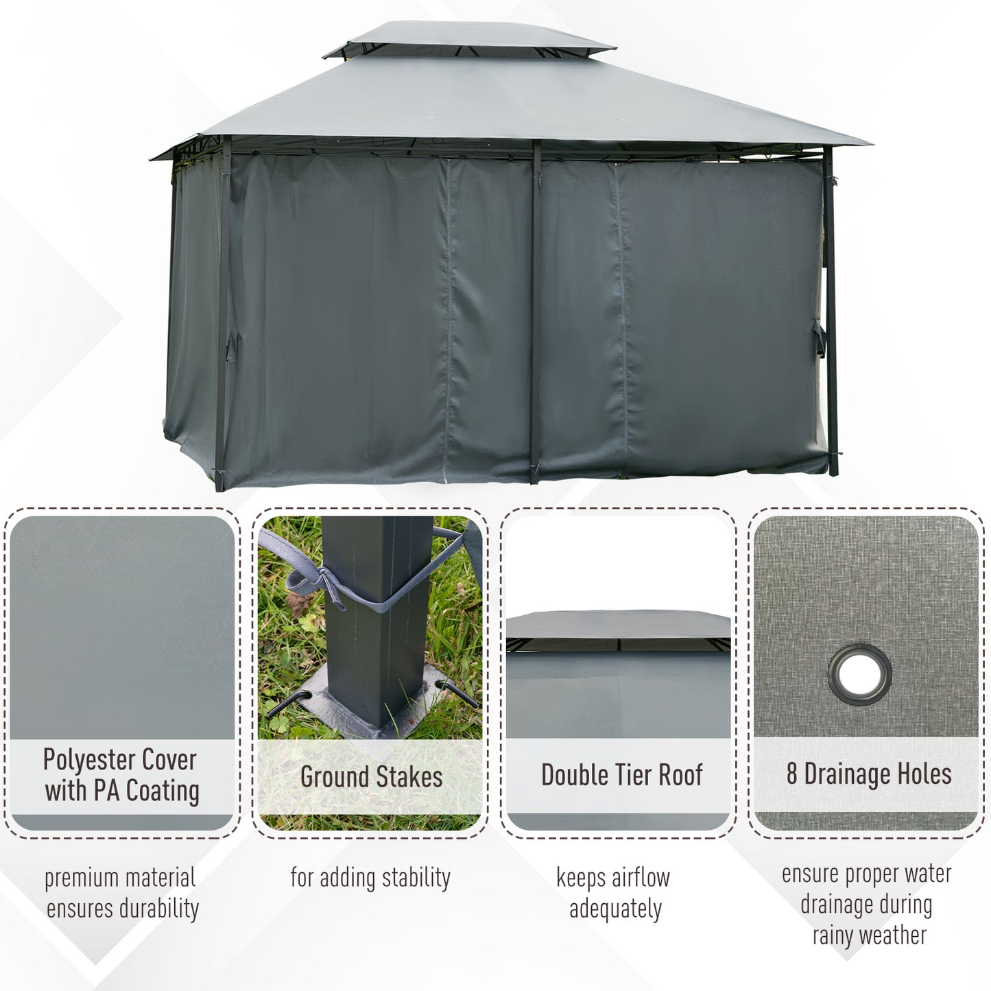 Outsunny 4m x 3(m)Garden Gazebo, Double Roof Outdoor Gazebo Canopy Shelter with Curtains, Solid Steel Frame
