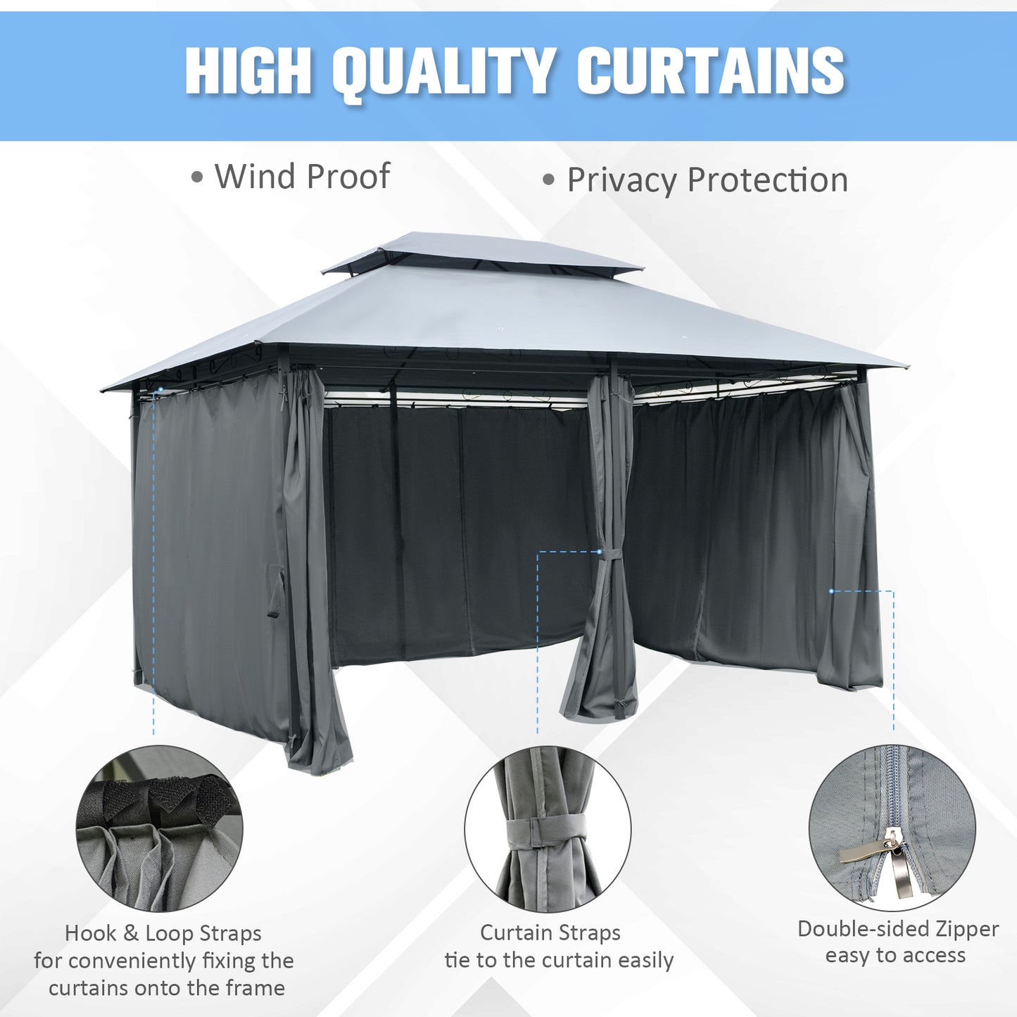 Outsunny 4m x 3(m)Garden Gazebo, Double Roof Outdoor Gazebo Canopy Shelter with Curtains, Solid Steel Frame