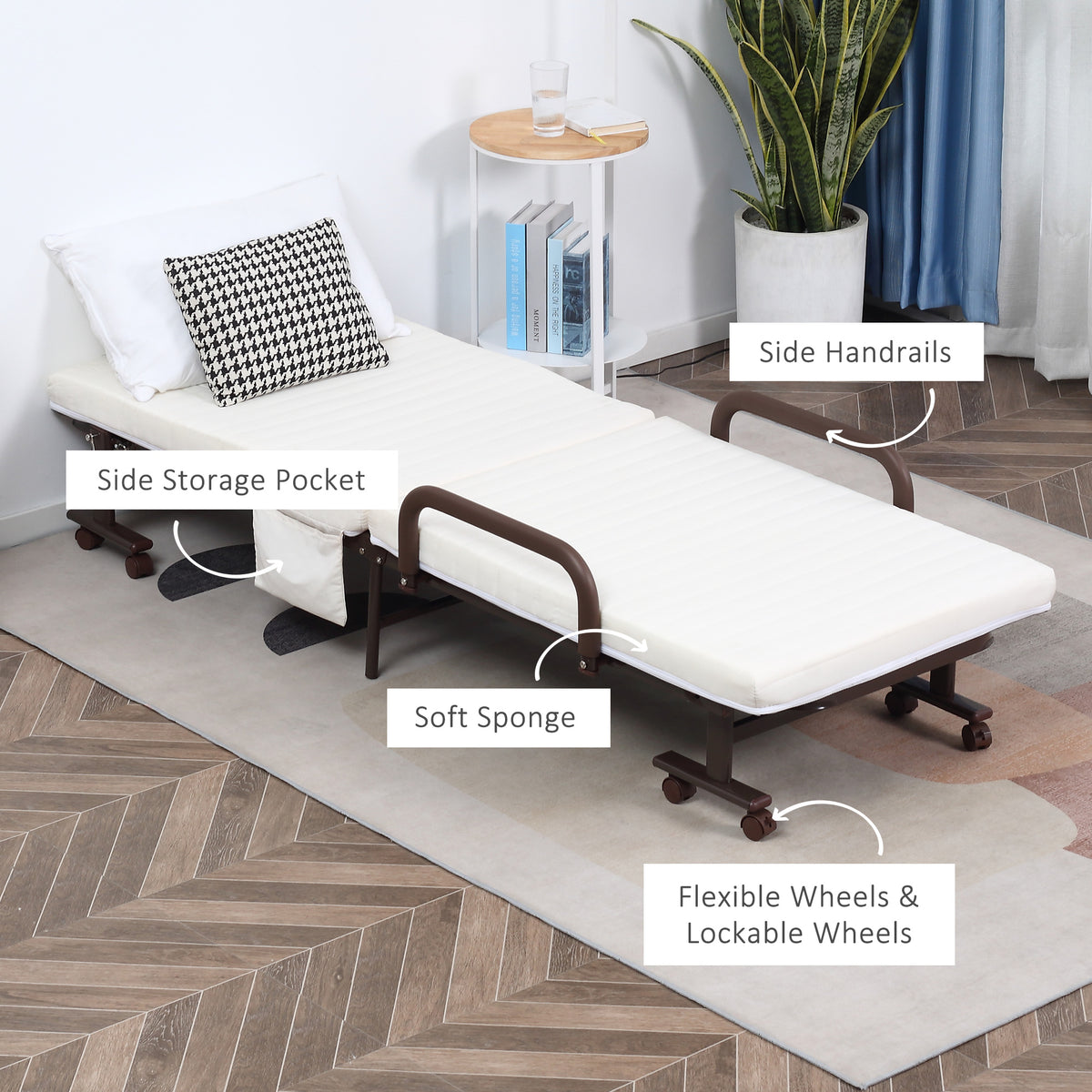 HOMCOM Folding Bed with Mattress, Single Guest Bed, Portable Fold Bed with Adjustable Backrest, White