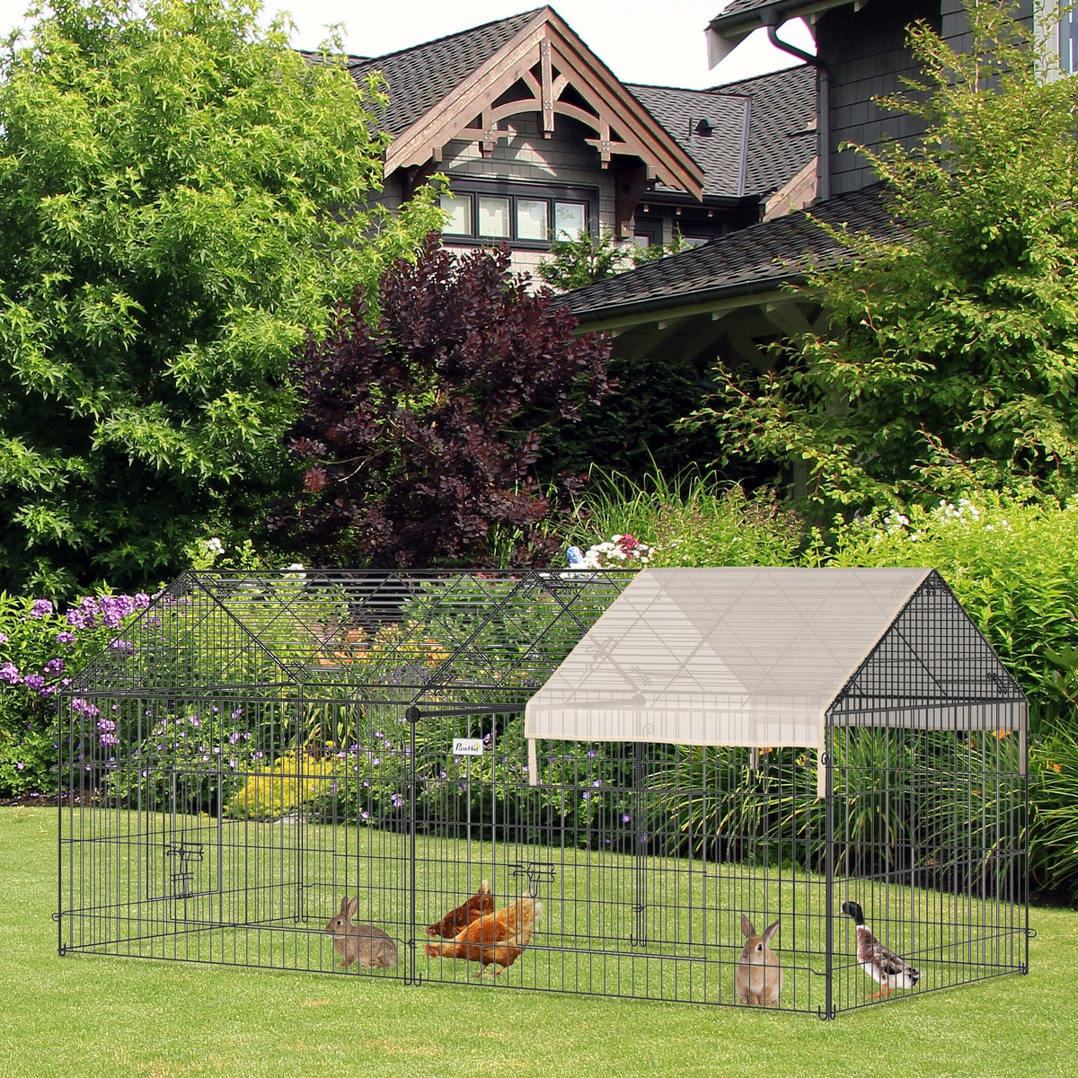 PawHut Metal Rabbit Run Playpen, Guinea Pig Cage, 220 x 103 x 103cm, Beige
