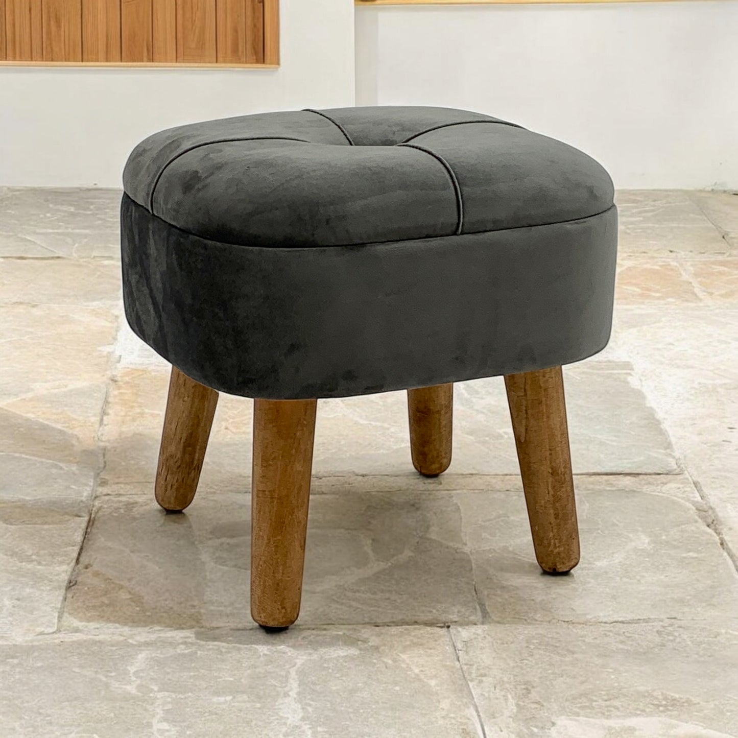 AcaciaHome Stylish & Durable Living Velvet Ottoman Footstool with Lift-Up Storage, Round Design, Traditional Pattern, Comfortable Medium Firmness for Living Room, Office or Lounge (Grey, Round)
