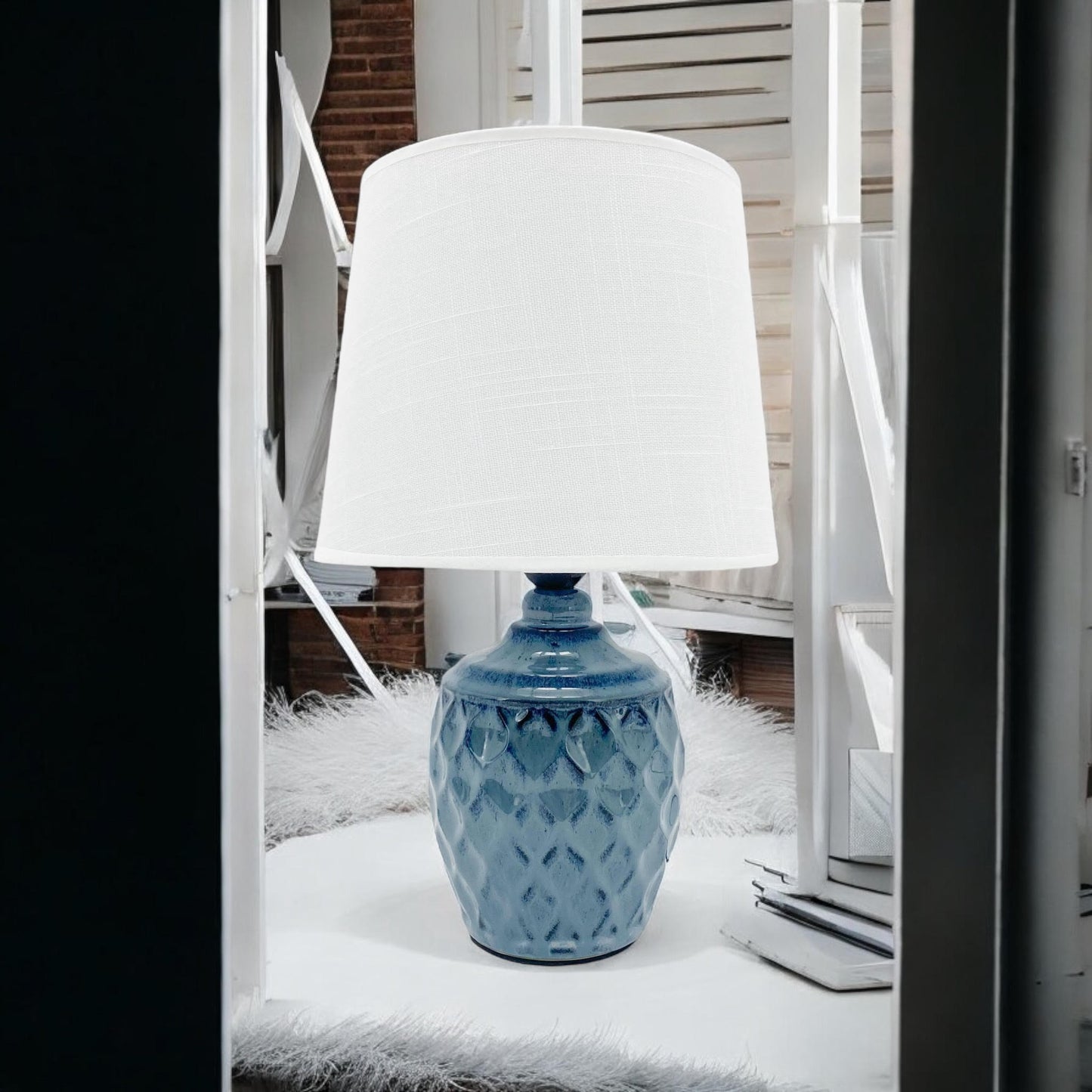 AcaciaHome Sophisticated and Durable 40cm Blue Ceramic Table Lamp with White Drum Shade - Elegant Home Decor with Functional Design for bedrooms, Living Rooms, or Studies Room (Round/Tall Blue Vase)