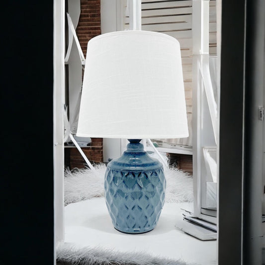 AcaciaHome Sophisticated and Durable 40cm Blue Ceramic Table Lamp with White Drum Shade - Elegant Home Decor with Functional Design for bedrooms, Living Rooms, or Studies Room Round/Tall Blue Vase